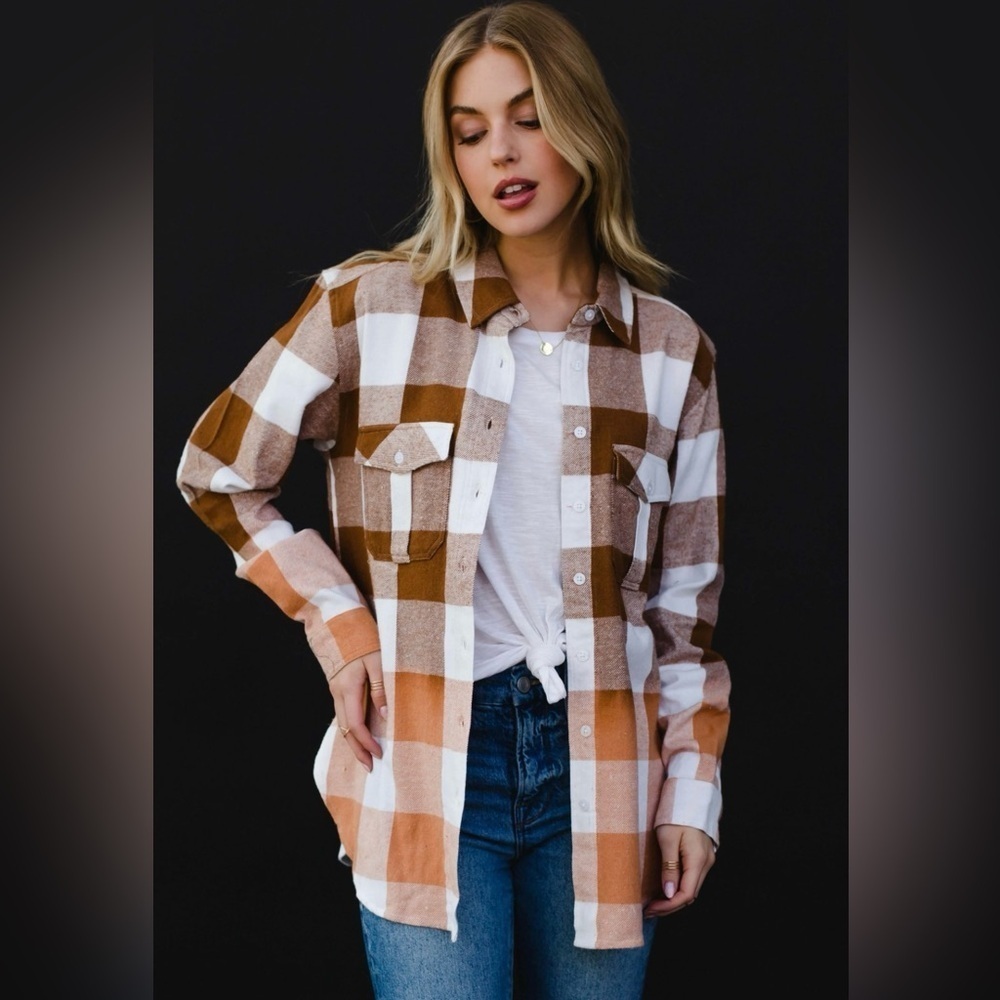 Panache Apparel “Until Sundown” Ivory and Brown Button Down Flannel